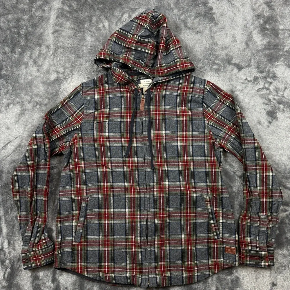 LL Bean Flannel Hoodie Mens Small Grey Red Plaid Excellent Zip Up Shirt Jacket